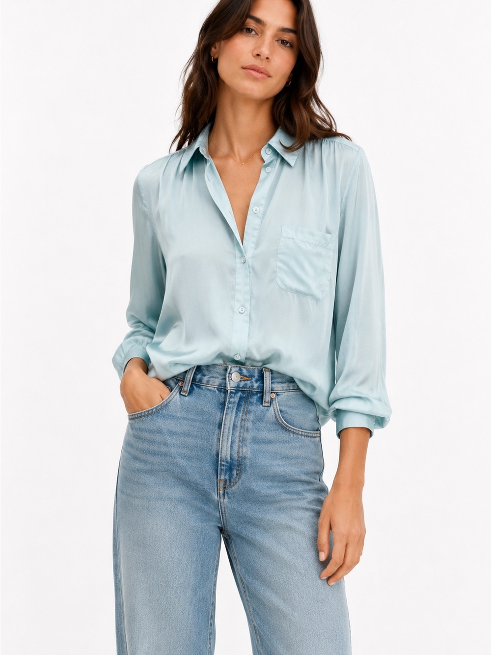 Vintage Reine Seide 100% Silk Blouse Blue Button Front Shirt Women’s L EU 40